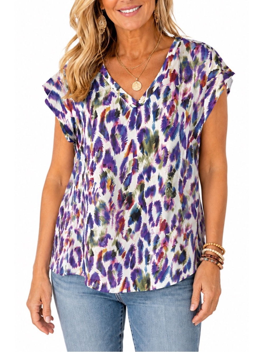Cabi Womens Blouse Purple Multi Feather Print Rainbow Plume Top 5027